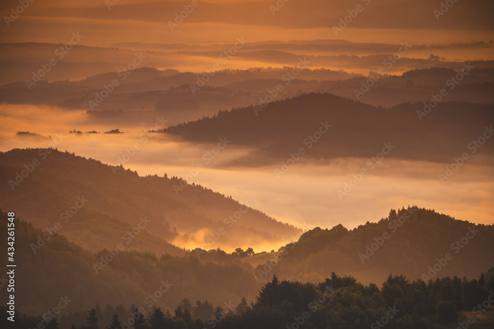 Summer morning seen from the observation tower in Koziarz in the Beskid Sądecki. Natural landscapes with great views.