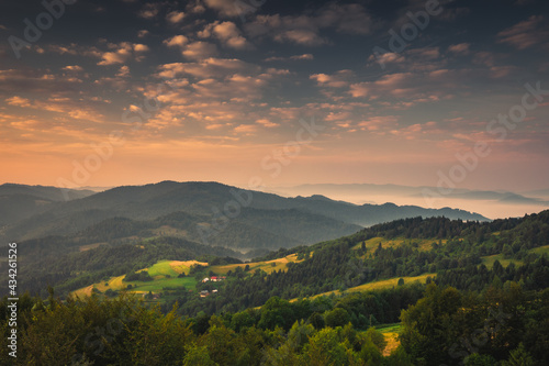 Summer morning seen from the observation tower in Koziarz in the Beskid S  decki. Natural landscapes with great views.