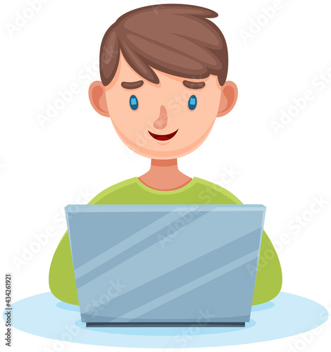 Boy sitting with laptop serfing internet on white background, typing on keyboard, writing message. Schoolboy teenager or freelancer young male smiling character working on pc, studying with computer