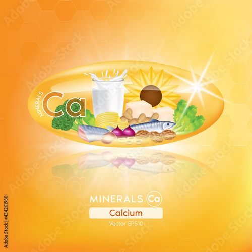 Orange calcium mineral capsules. Benefits Healthy food of vitamins with mineral mike, fish and vegetables. Medical and dietary supplement care concept. 3D Vector EPS10 illustration