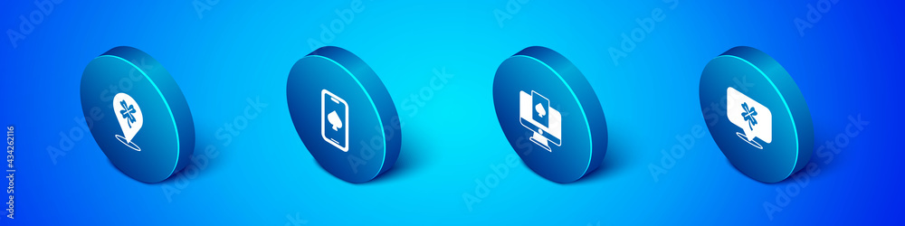 Set Isometric Casino slot machine with clover, Online poker table game, and icon. Vector Set Isometric Casino slot machine with clover, Online poker table game, and icon. Vector
