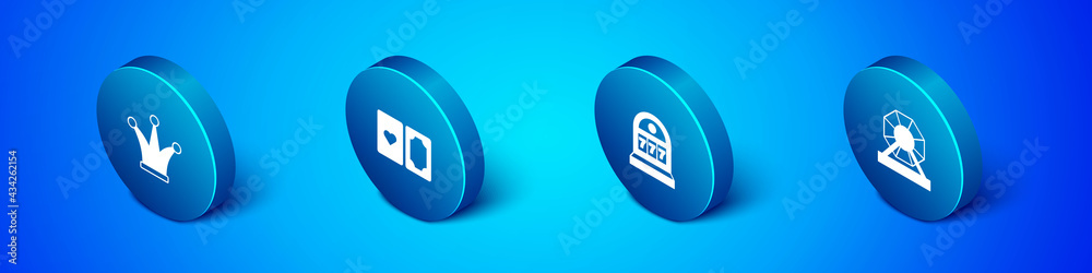 Set Isometric Joker playing card, Slot machine with jackpot, Lottery and Deck of cards icon. Vector Set Isometric Joker playing card, Slot machine with jackpot, Lottery and Deck of cards icon. Vector