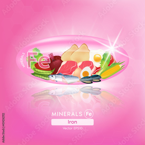 Pink iron mineral capsules. Benefits Healthy food of vitamins with mineral meat, fish and vegetables. Medical and dietary supplement care concept. 3D Vector EPS10 illustration