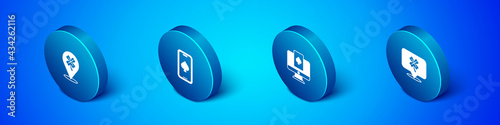 Set Isometric Casino slot machine with clover, Online poker table game, and icon. Vector