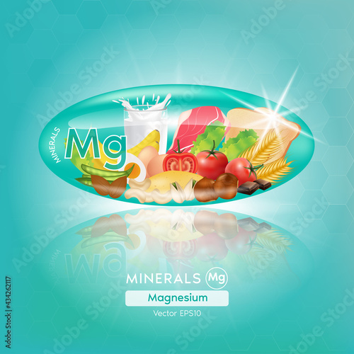 Green Magnesium mineral capsules. Benefits Healthy food of vitamins with mineral meat, milk, fruit and vegetables. Medical and dietary supplement care concept. 3D Vector EPS10 illustration