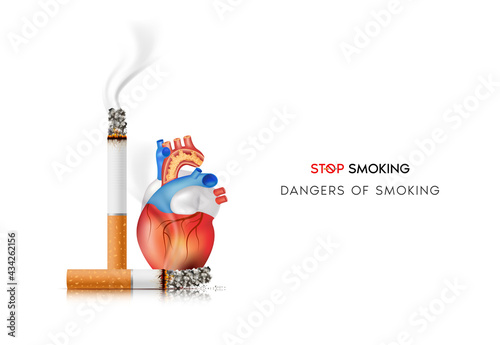 The dangers of smoking Effects of smoking, the risk of heart disease. No smoking, World No Tobacco Day. 3D Vector EPS10 illustration
