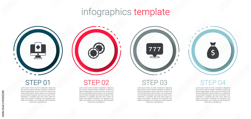 Set Online poker table game, Casino chips, Slot machine with jackpot and Money bag. Business infographic template. Vector Set Online poker table game, Casino chips, Slot machine with jackpot and Money bag. Business infographic template. Vector
