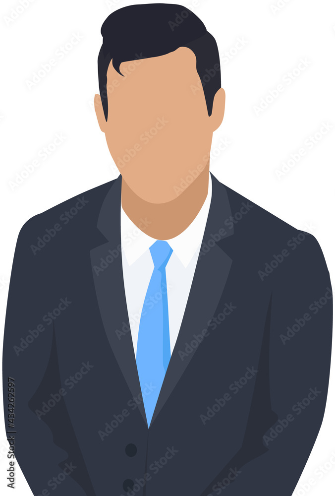 Confident businessman in office outfit. Avatar man in dark suit and tie isolated on white standing with his arms crossed. Serious business person vector male character, chief in half height icon Confident businessman in office outfit. Avatar man in dark suit and tie isolated on white standing with his arms crossed. Serious business person vector male character, chief in half height icon