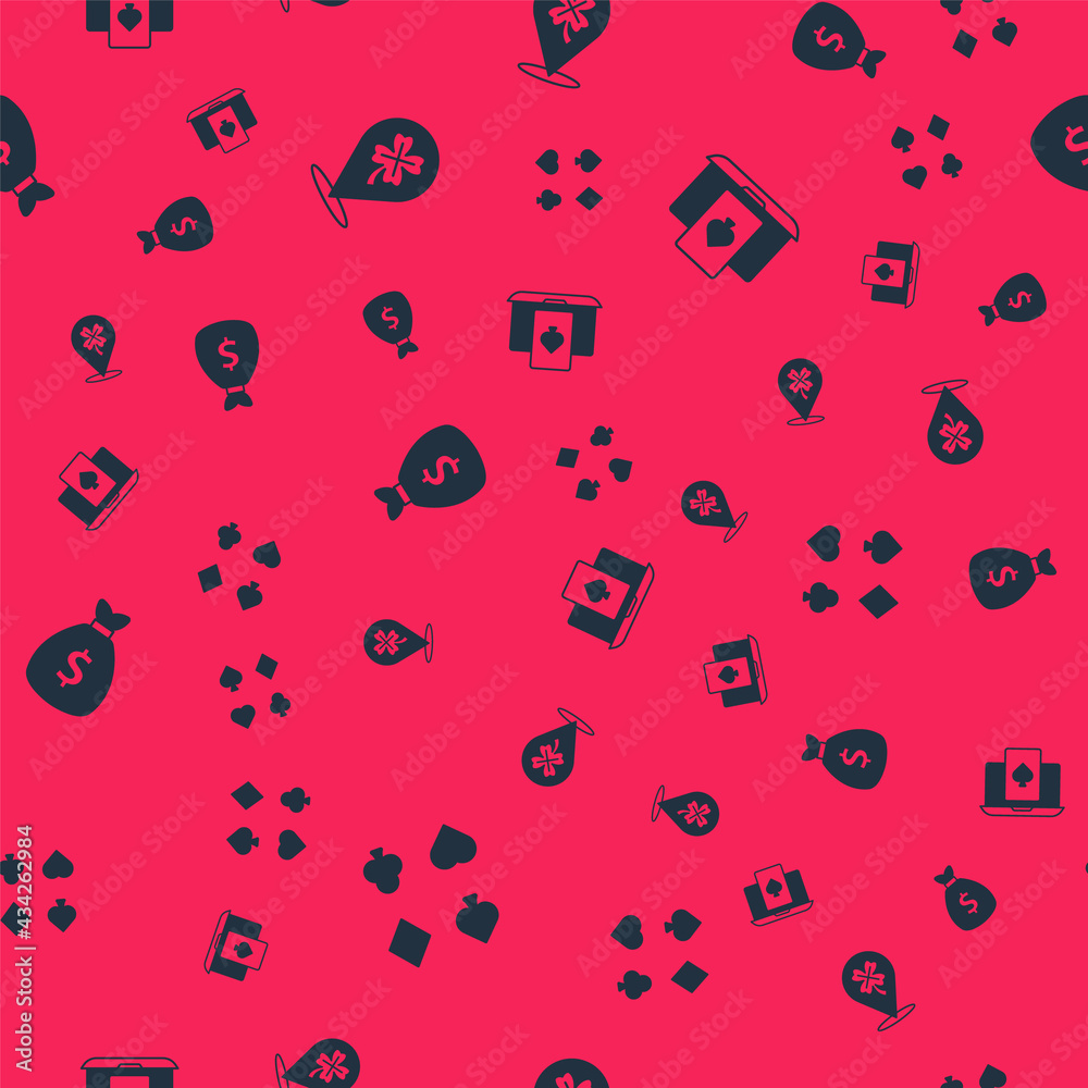 Set Deck of playing cards, Casino slot machine with clover, Money bag and Online poker table game on seamless pattern. Vector Set Deck of playing cards, Casino slot machine with clover, Money bag and Online poker table game on seamless pattern. Vector
