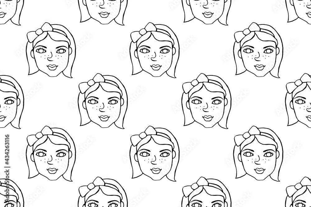 Seamless pattern with cartoon face vector people. Hand drawn line art illustration. Outline doodle head of women, girls. Texture backdrop Seamless pattern with cartoon face vector people. Hand drawn line art illustration. Outline doodle head of women, girls. Texture backdrop