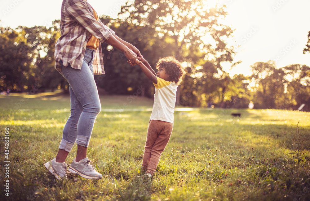 Fototapeta premium African American mother and daughter playing in park.