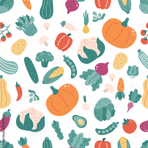 Seamless pattern with vegetables. Hand drawn doodle food on white background. Ideal for kitchen textile, wallpaper and print. Vector illustration.