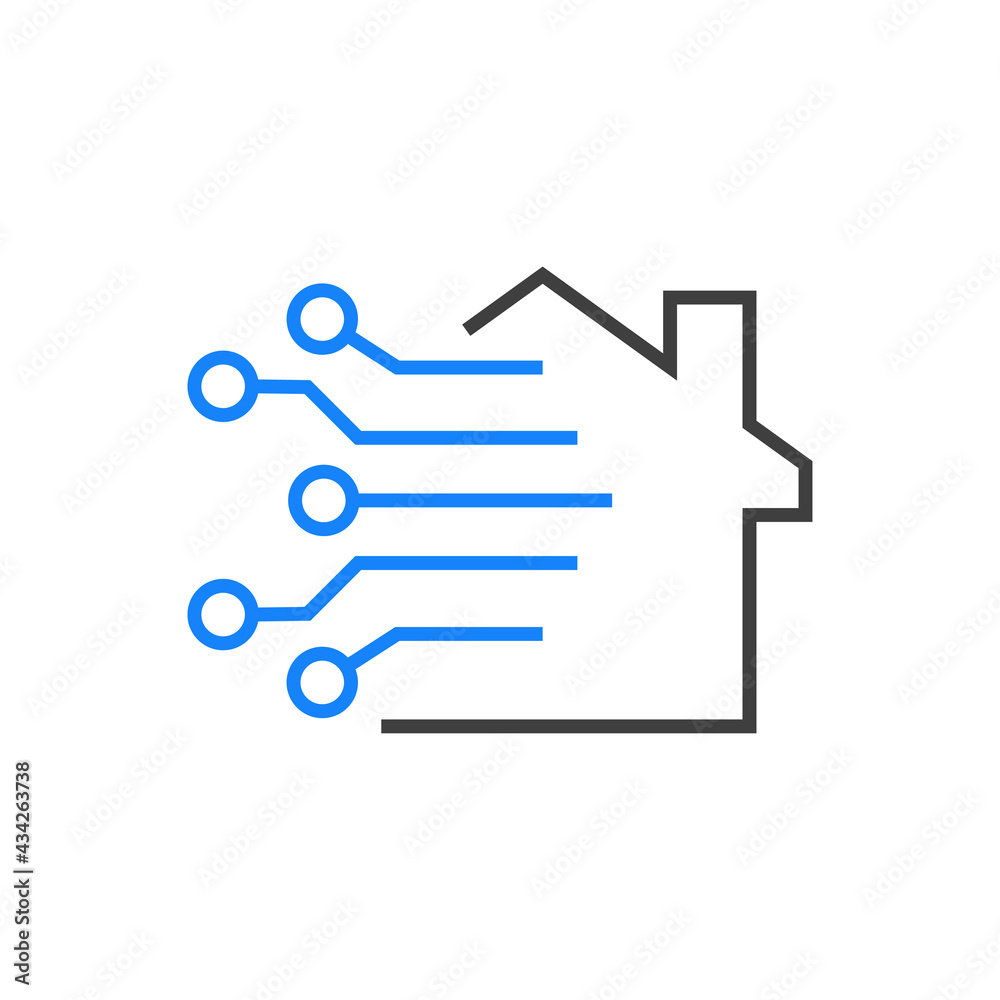 Tecnología electrónica. Casa con circuito digital con lineas de color azul y gris Tecnología electrónica. Casa con circuito digital con lineas de color azul y gris