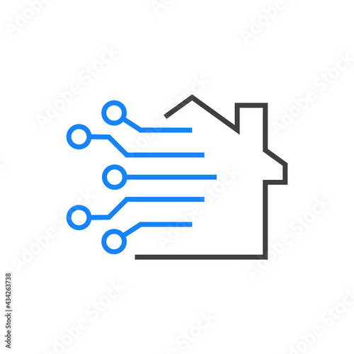 Tecnología electrónica. Casa con circuito digital con lineas de color azul y gris