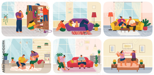 Life of young couple, set of scenes from everyday household chores, prepare for move and fold their clothes, cleaning house and rest, quarrel and play together. People activity, daily family routine