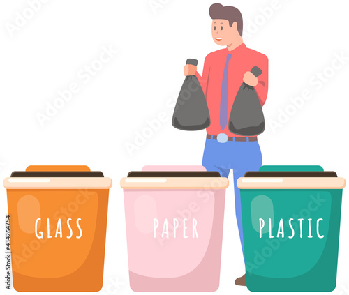 Person sorting garbage for recycling. Man putting rubbish in plastic, glass, paper containers for recycle. Environmental protection, ecology, earth day concept. Businessman sorts waste into trash cans