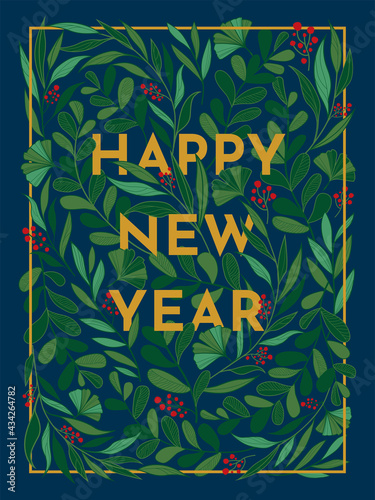 Botanical green leave Christmas concept, Hand drawing vector design for Happy New Year card, Desk Calendar, book cover.