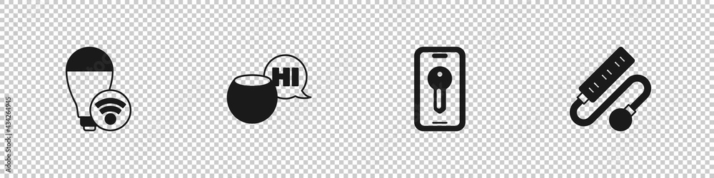 Set Smart light bulb, Voice assistant, key and Electric extension cord icon. Vector Set Smart light bulb, Voice assistant, key and Electric extension cord icon. Vector