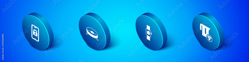 Set Isometric Digital door lock, Smart home with smart watch, electric kettle and Robot vacuum cleaner icon. Vector Set Isometric Digital door lock, Smart home with smart watch, electric kettle and Robot vacuum cleaner icon. Vector