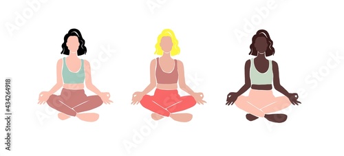 Set Young girl yoga posing. Flat style illustration. African American girl