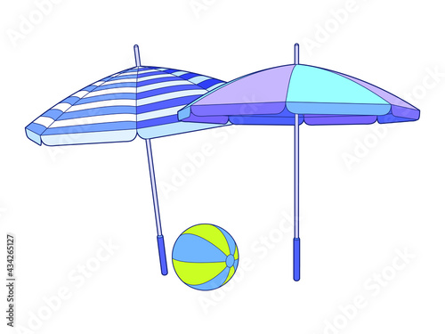 Two beach umbrellas and a bouncy ball. Vector isolated illustration of accsessories for summer recreation on the ocean shore. Sun protection. Striped pattern.