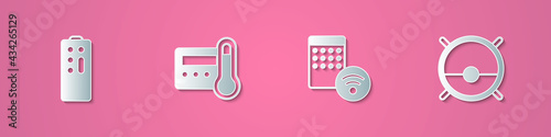 Set paper cut Remote control, Thermostat, Air humidifier and Robot vacuum cleaner icon. Paper art style. Vector