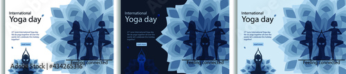 21 june international yoga day, women doing meditation yoga asana. Flat silhouette poster or banner with monochrome mandala background. Concept landing page, web page design for website or template