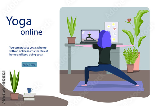 Yoga online concept with young woman doing yoga exercise at home with online classes on laptop with instructor. Live stream, internet education. Cozy interior. Poster, banner, landing page website