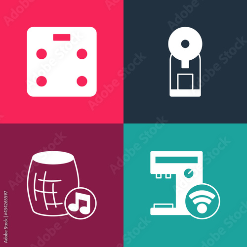 Set pop art Smart coffee machine, Voice assistant, and bathroom scales icon. Vector