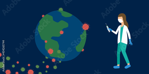 paramedic girl with vaccine syringe in hand, fighting coronavirus in outer space to prevent spread of COVID-19 and save world, concept of healthcare in pandemic situation. viruses escape from earth