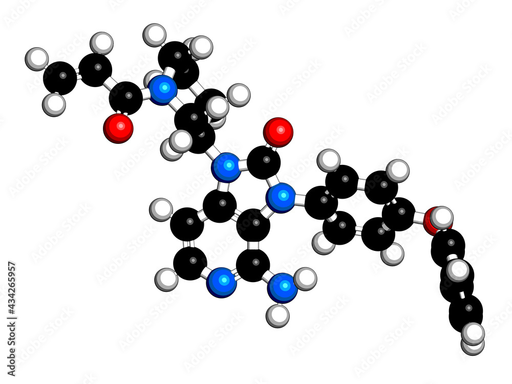 Tolebrutinib multiple sclerosis drug molecule. 3D rendering.