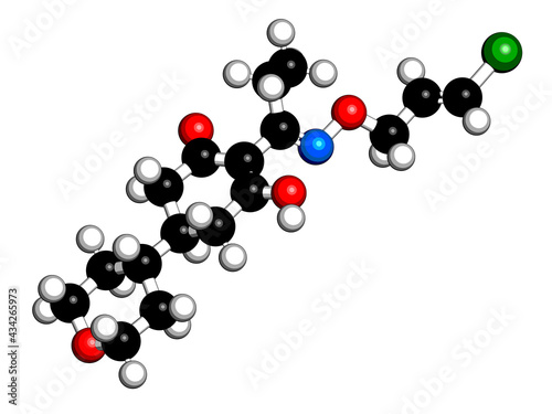Tepraloxydim herbicide molecule. 3D rendering.