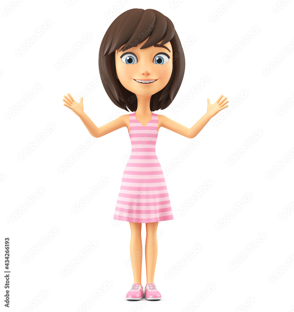 Cheerful cartoon character girl in a pink striped dress with hands to the sides. 3d render. Cheerful cartoon character girl in a pink striped dress with hands to the sides. 3d render.