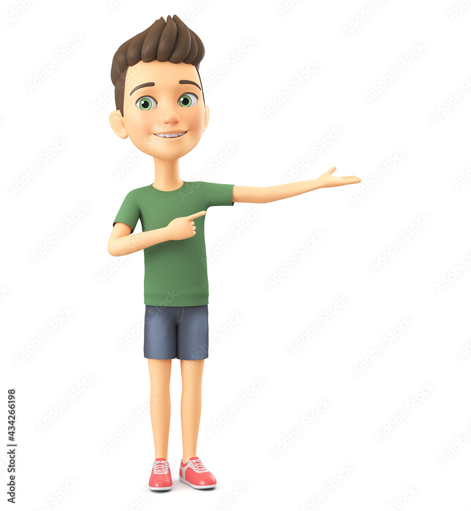Cartoon character guy in a green t-shirt points to an empty hand. 3D rendering.