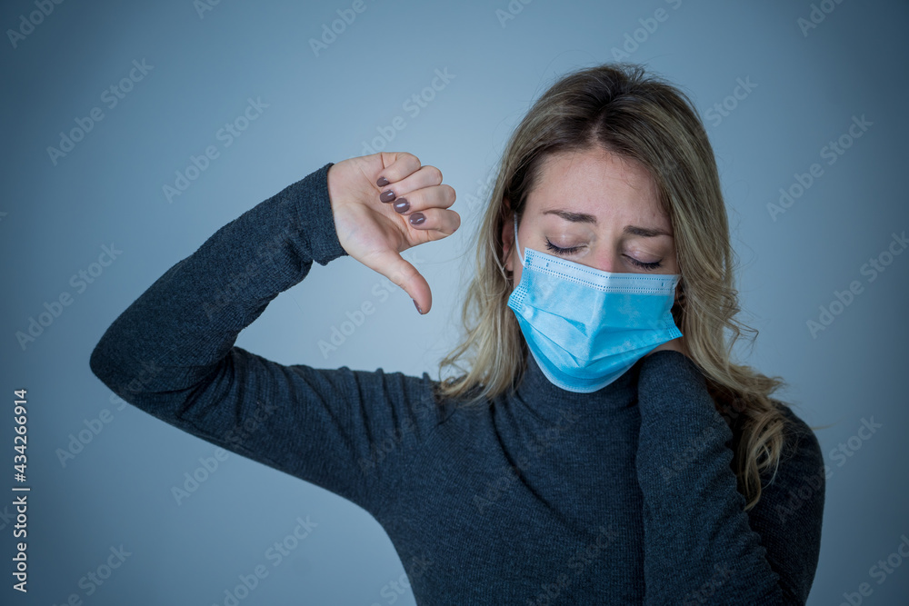 Attractive woman in isolation for virus outbreak suffering from anxiety hypochondria and depression