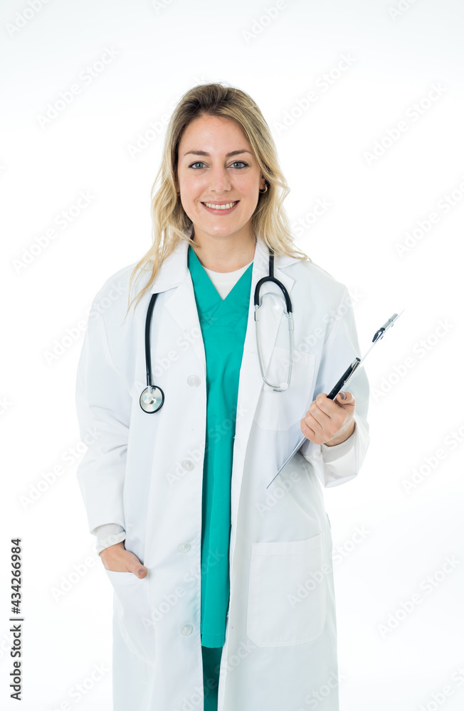 Portrait of successful smiling female doctor with stethoscope and clipboard isolated on white Portrait of successful smiling female doctor with stethoscope and clipboard isolated on white