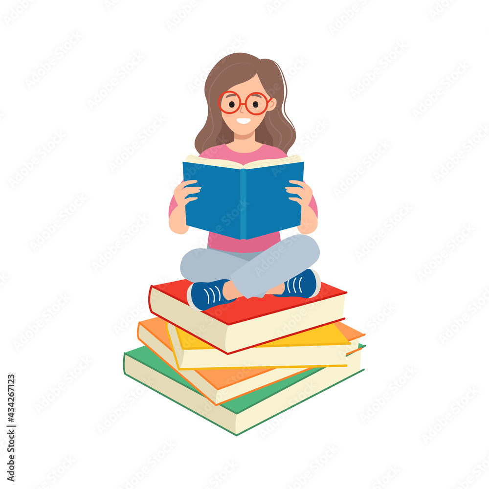 Woman with glasses reading on top of pile of books. College student concept. Flat vector design
