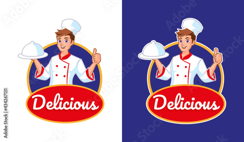 A chef with delicious food mascot logo