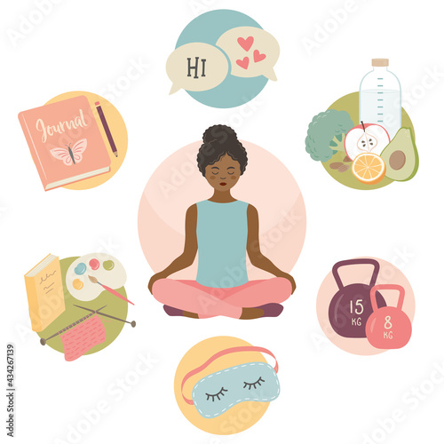 Self care, well being, wellness, mental health concept, icons, collection. Home relaxation, drinking lemon water, exercise, aromatherapy, eat well, beauty rituals, journalling, sleep well, hobbies