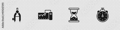 Set Drawing compass, Measuring instrument, Old hourglass with sand and Stopwatch icon. Vector