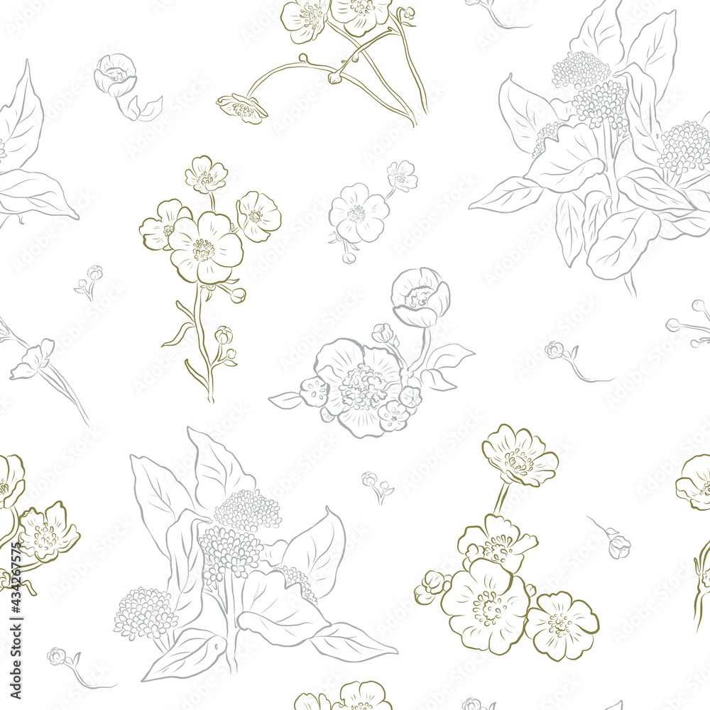 Seamless retro vector pattern on white background - Flowers and blooming bushes. Maybe use for textile or wallpaper print, making cards, wedding invitation.