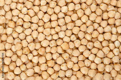 Dried chickpeas, background from above. Whole and light tanned chick peas, a high in protein legume and fruit of Cicer arietinum. Key ingredient in hummus and chana masala. Backdrop. Macro food photo. photo