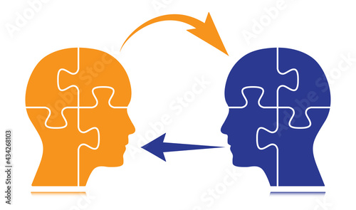 Orange and blue colored puzzle shaped human heads with arrows. Business design  to use in direct marketing, decision, strategy, teamwork, relationship, idea projects and presentations 