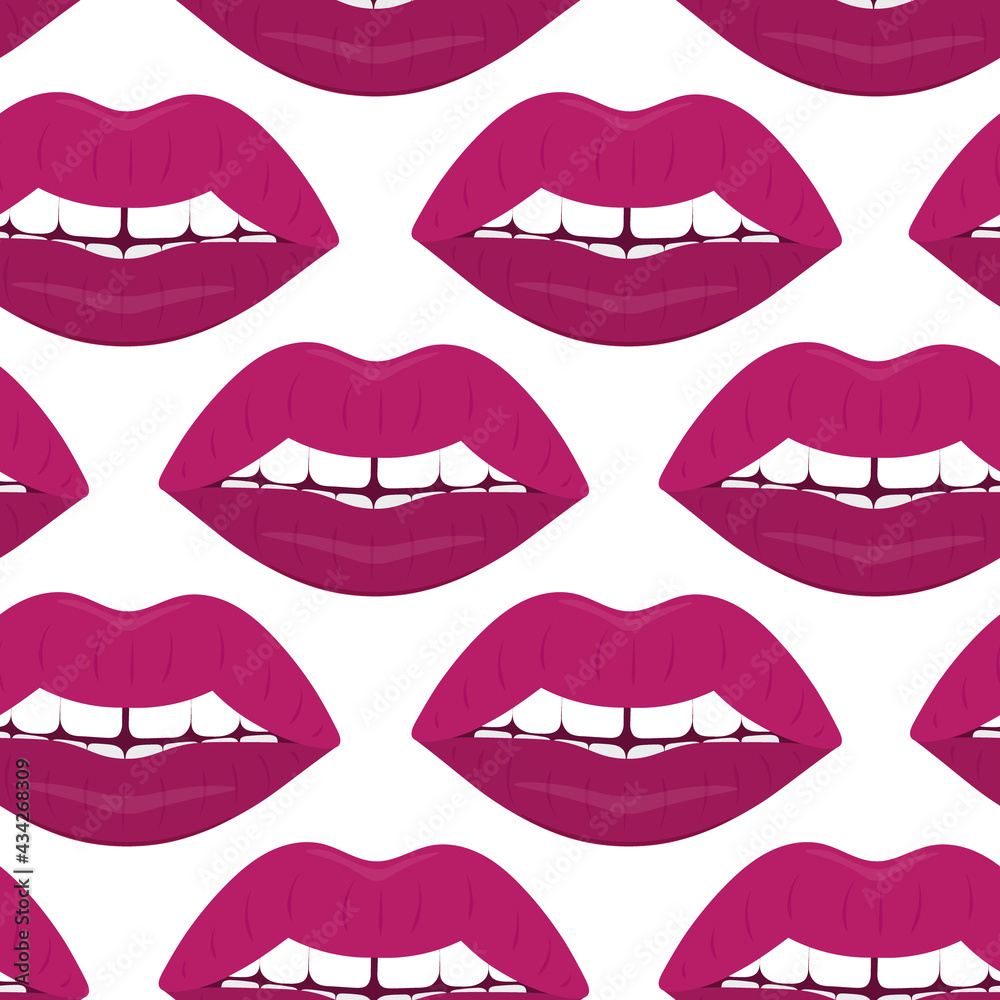 Plump lips. The seductive mouth is slightly open. Repeating vector pattern. Seamless seductive ornament. Endless background of kisses. Isolated colorless background. Flat style. Plump lips. The seductive mouth is slightly open. Repeating vector pattern. Seamless seductive ornament. Endless background of kisses. Isolated colorless background. Flat style.
