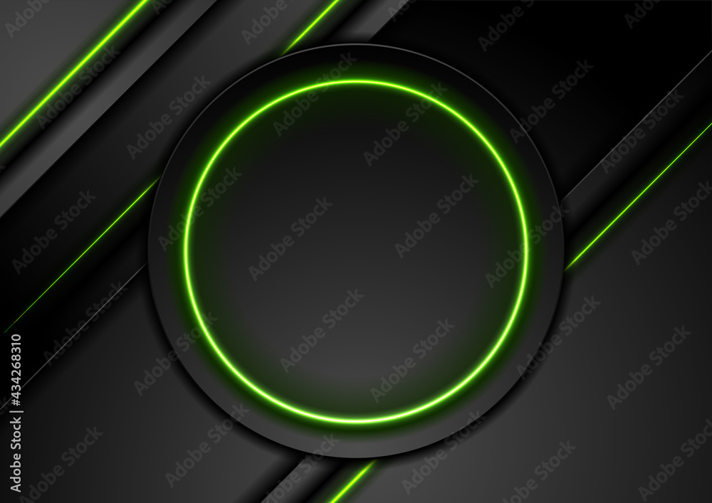 Futuristic technology abstract black background with green neon glowing ...
