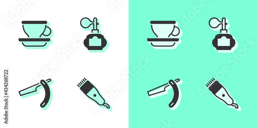 Set Electrical hair clipper, Coffee cup, Straight razor and Aftershave icon. Vector