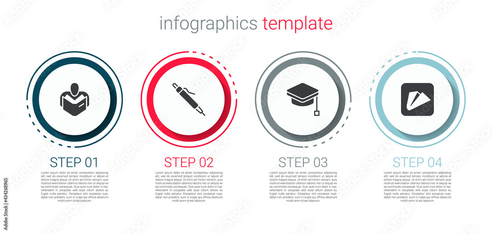Set Man reading book, Pen, Graduation cap and Paper airplane. Business infographic template. Vector Set Man reading book, Pen, Graduation cap and Paper airplane. Business infographic template. Vector