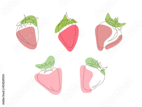 Set of strawberry line art icons, outline style, berry silhouette, symbol or sign. Illustration one line drawing style. Simple sketch of strawberries, black line, colored abstract spots, doodle style.