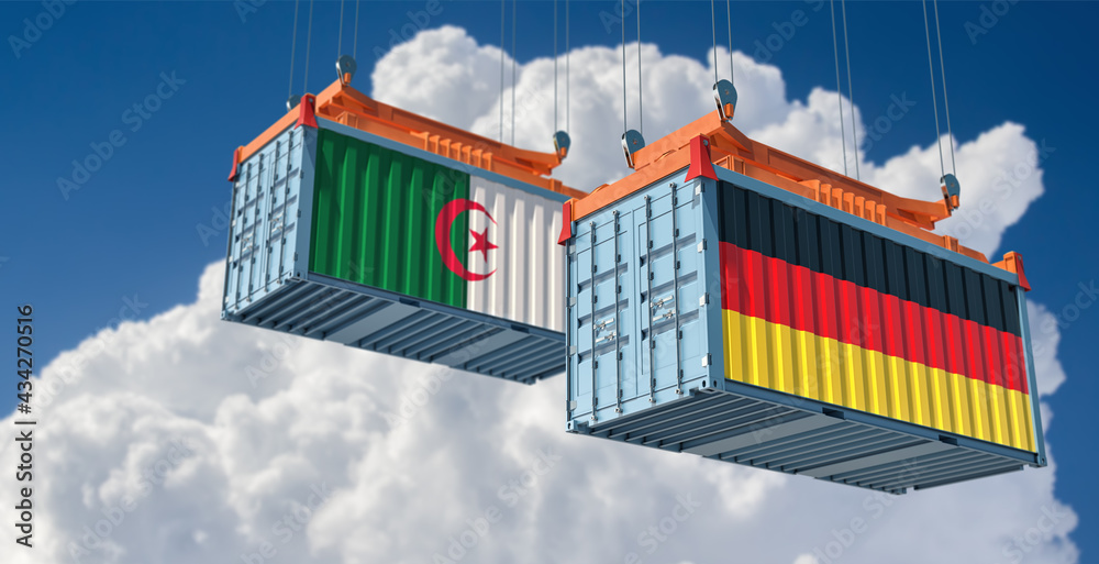 Two freight container with German and Algeria flag.  3D Rendering