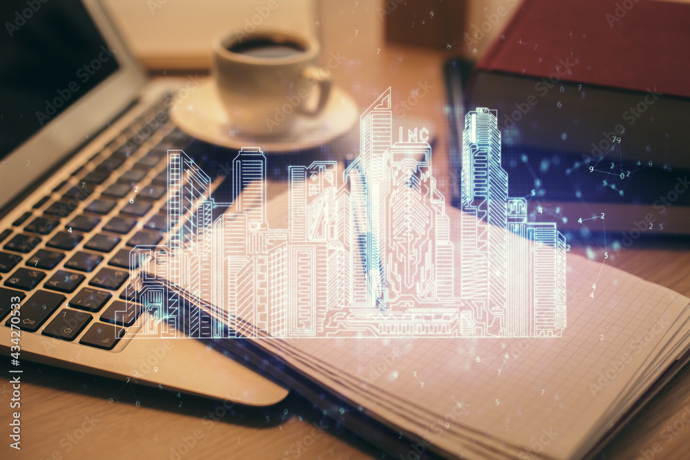 Double exposure of buildings drawing and desktop with coffee and items on table background. Concept of smart city Double exposure of buildings drawing and desktop with coffee and items on table background. Concept of smart city